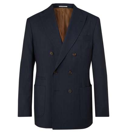 Navy Wide-Flap Linen & Silk Mixed Suit Jacket